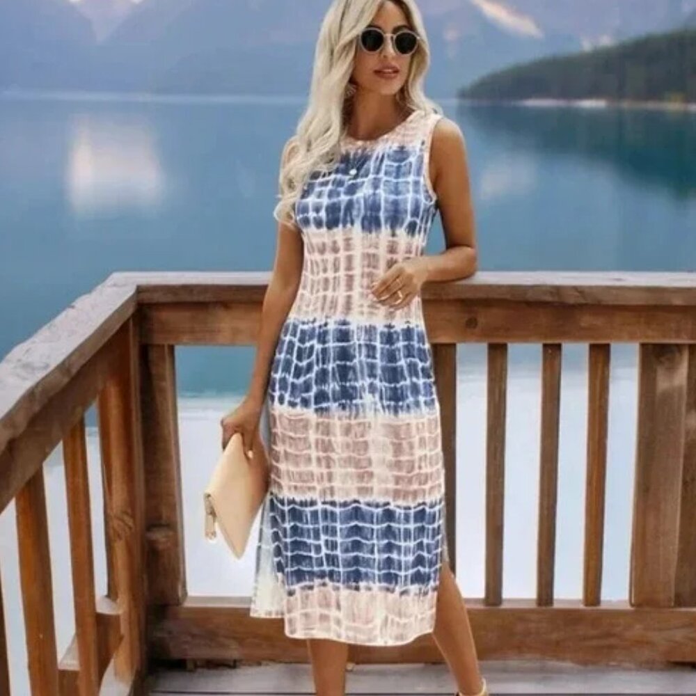 Trendy Tie-Dye Vibes Color Block Summer Comfy Soft Fabric Slip-On Dress
